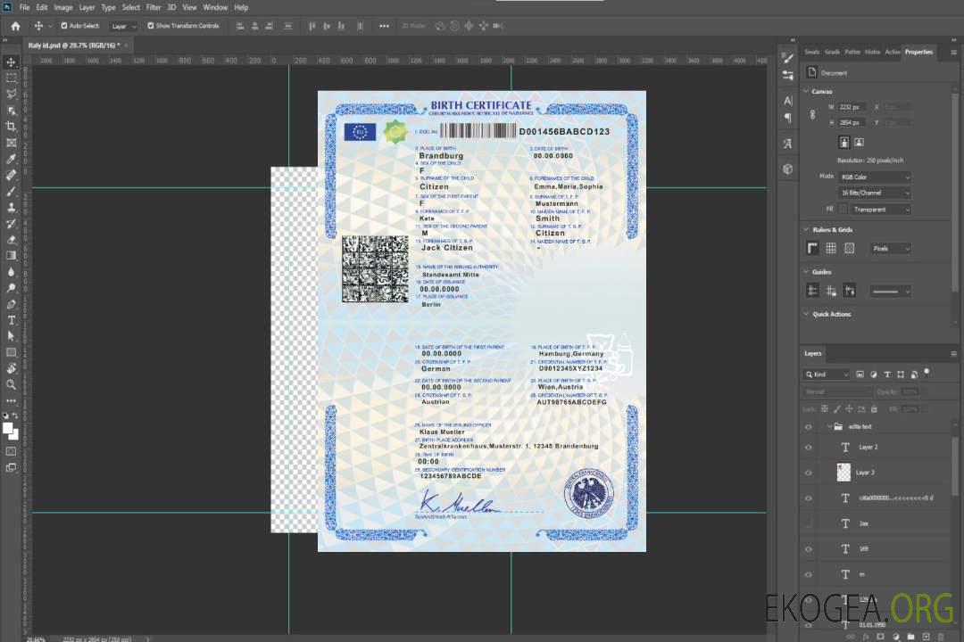Modèle d'acte de naissance en Allemagne au format PSD template Modèle d'acte de naissance en Allemagne au format PSD template